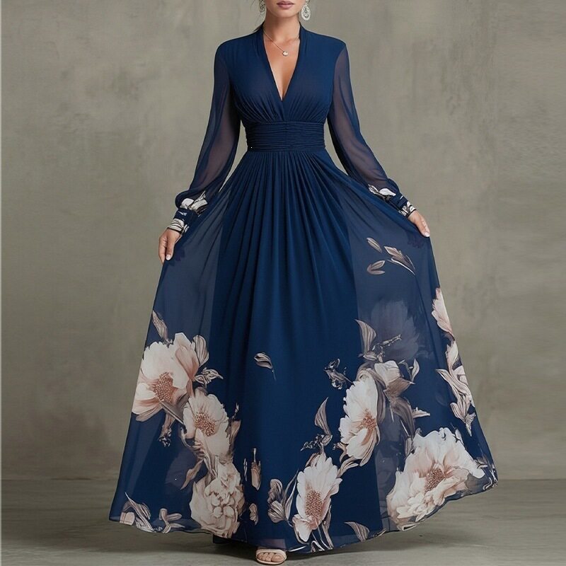 Womens Spring Dress Elegant Floral Print Waist Defined Long Silhouette Perfect for Casual or Formal Occasions