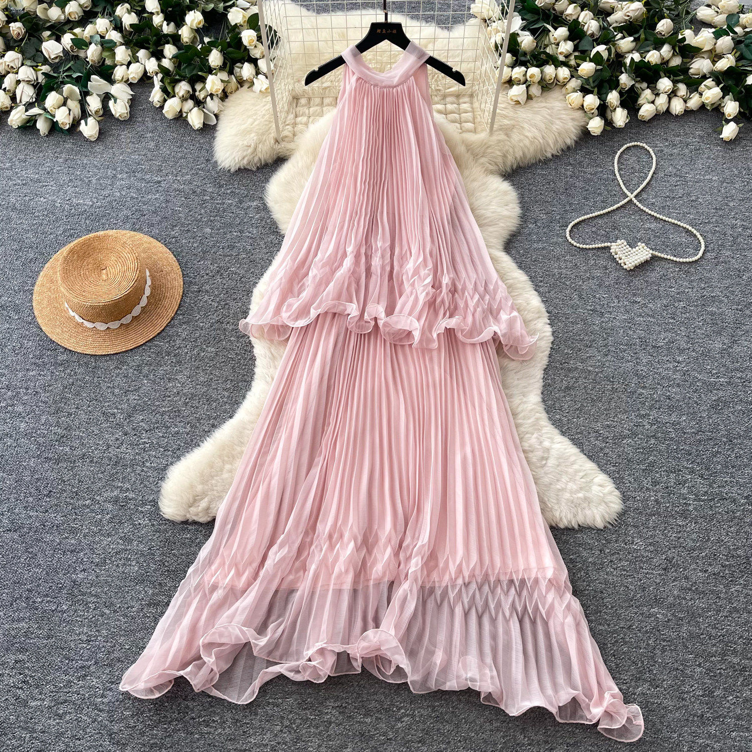 French Style Sleeveless Sweetheart Pleated Maxi Dress High Waist Flowy Elegant Summer Vacation Wear Wholesale