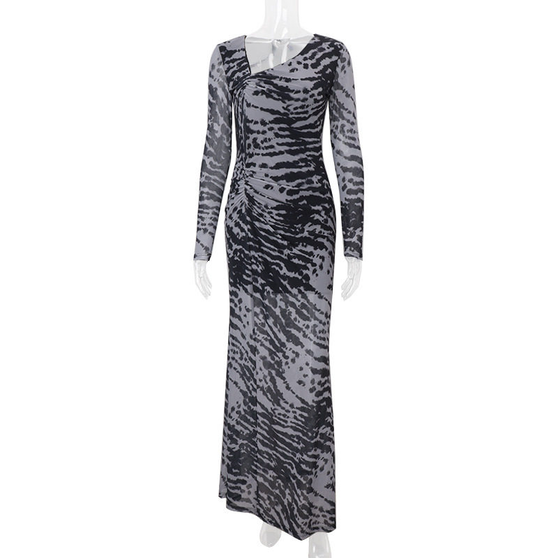 Zebra Print Off Shoulder Long Sleeve Dress Vintage Style Slim Fit Fashionable Design Autumn Collection Wholesale