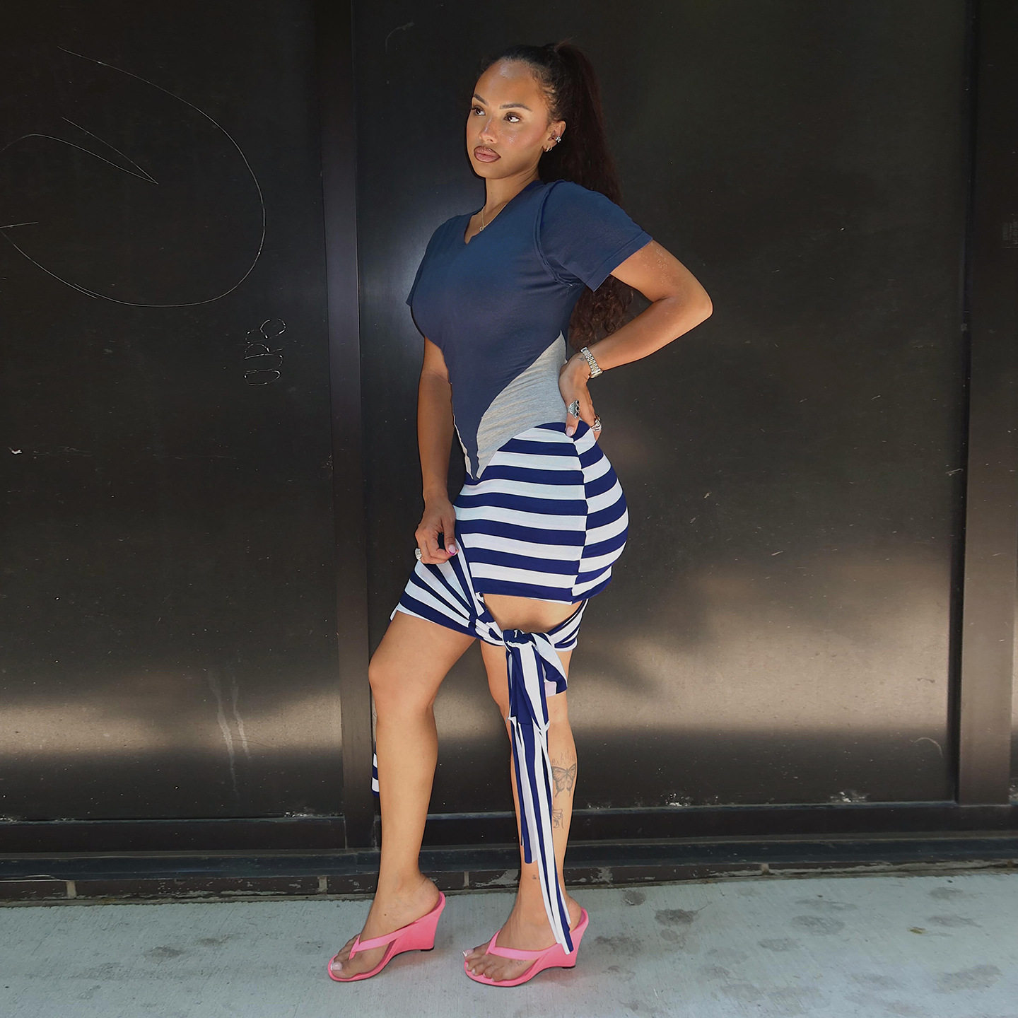 Summer Womens Dress Fashionable Striped Irregular Design Color Block Bodycon Style Wholesale Available
