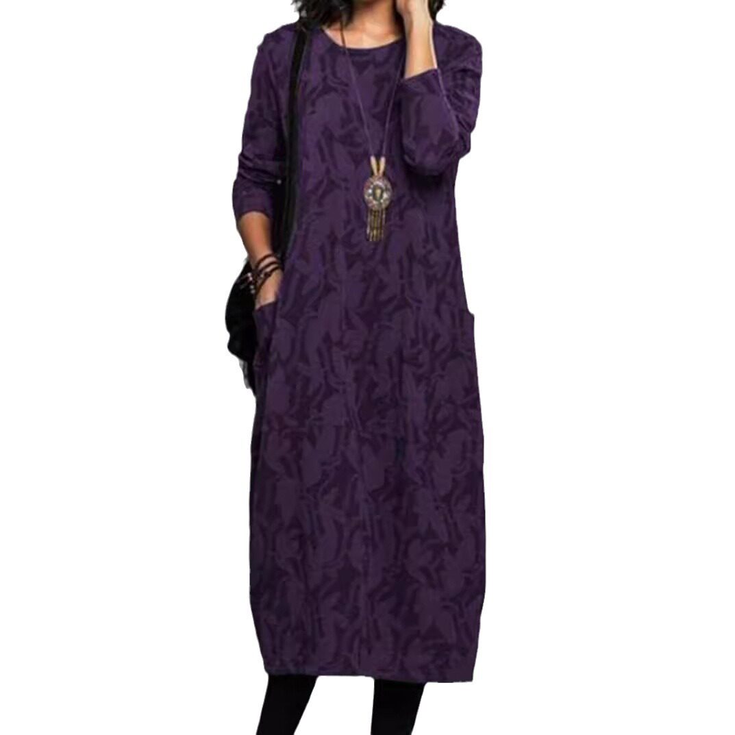 Casual Long Sleeve Pocket Dress for Women Round Neck Available in Multiple Colors Wholesale Sizes S to XXXL