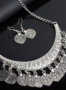 宫廷复古雕花水钻项链钱币流苏毛衣链舞蹈配饰复古装配件硬币饰品