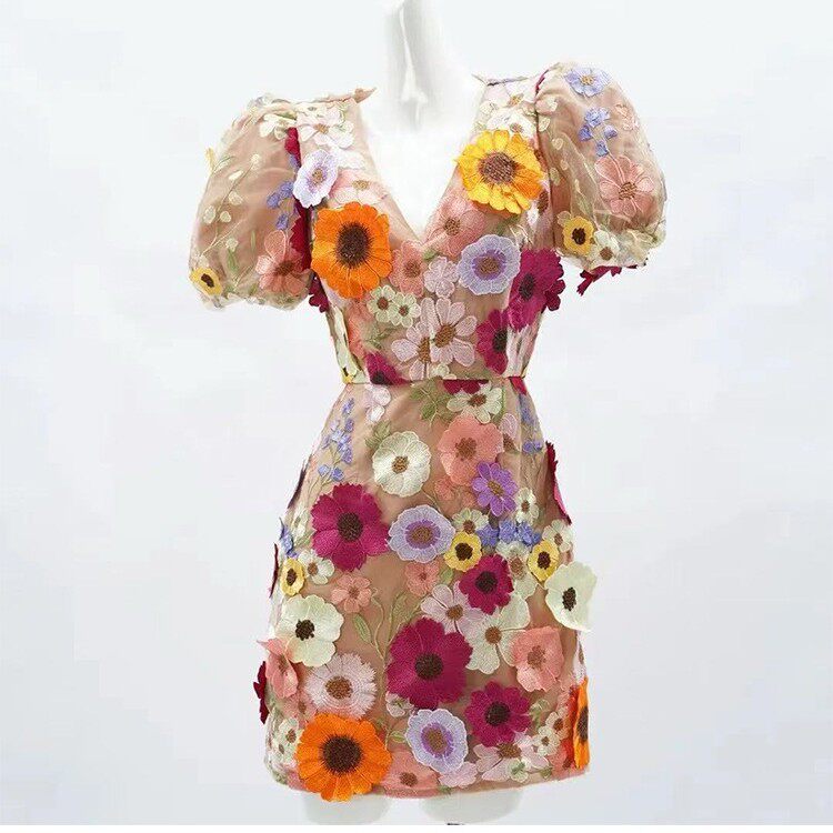 Đầm maxi nữ thắt eo ren hoa 3D tay ngắn cổ chữ V — Xanh dương, Hoa đỏ cam chi tiết 10