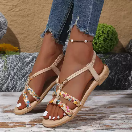 Women's Woven Flat Sandals Summer Outdoor Fashion Commuter Beaded Plus Size Casual Open Toe Shoes for Women