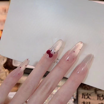 2025 New Mid-Length Manicure Wearable Nails Burgundy Bow Cat Eye Shaoluo Removable Finger Manicure Nails