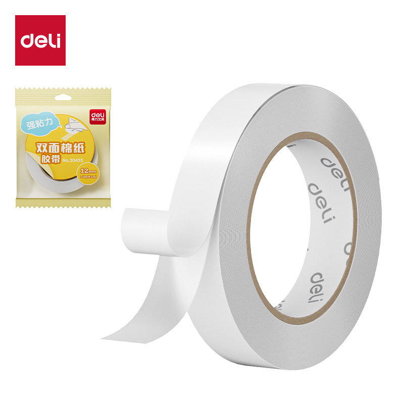 Deli Double-Sided Tape, High-Viscosity Cotton Paper Double-Sided Wide Tape, Hand-Tearable, Thin, Transparent, for Fixing to Walls, Children's Crafts