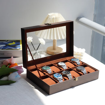 New Wood Grain Pu Leather 12-Bit Watch Storage Box with Window and See-Through Watch Display Box Men's Watch Box