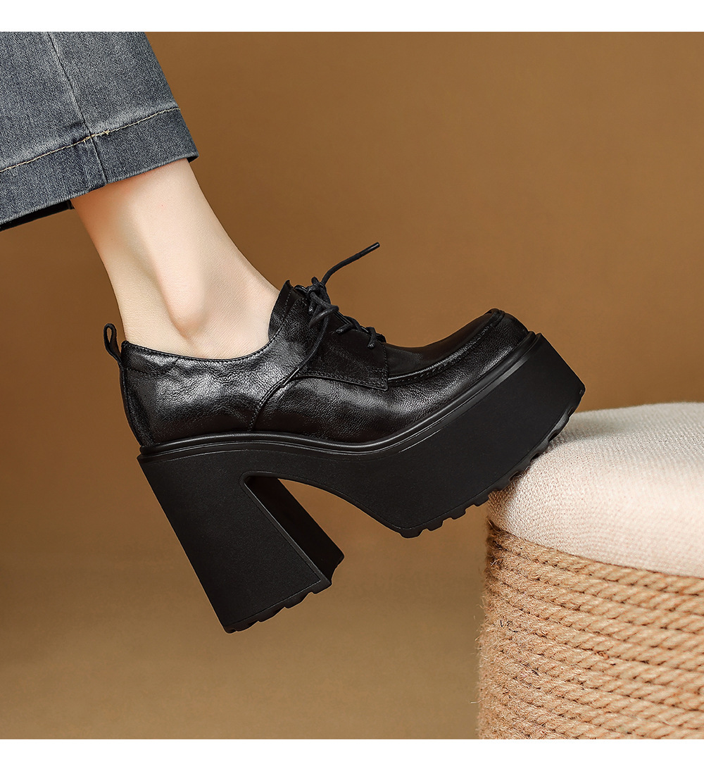 Giày lười nữ da cừu thắt dây gót cao 12cm đế xuồng — màu đen, màu nâu