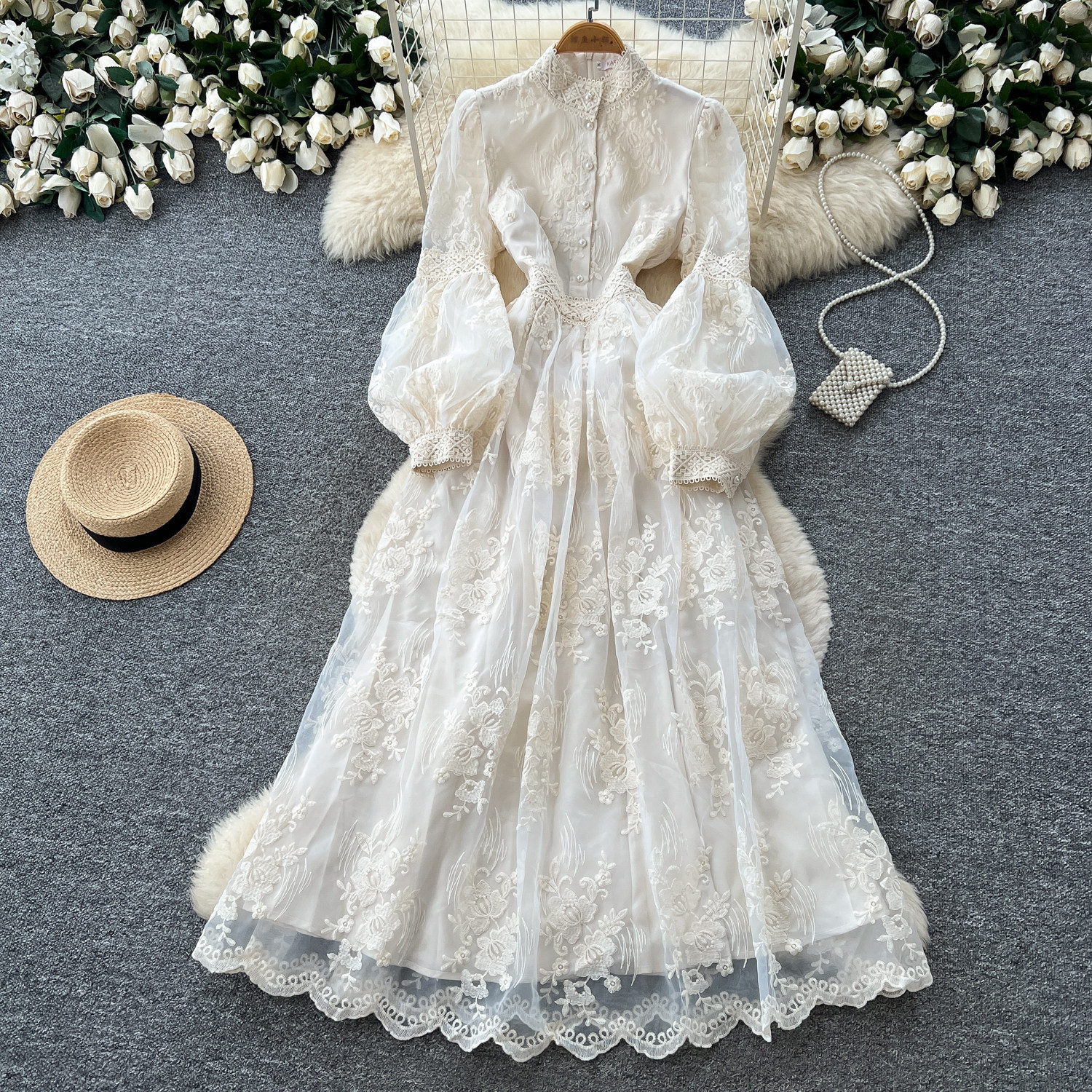 French Court Style Embroidered Lace Dress Puff Sleeves High Neck Waist Tie Elegant Long Dress for Autumn Wholesale