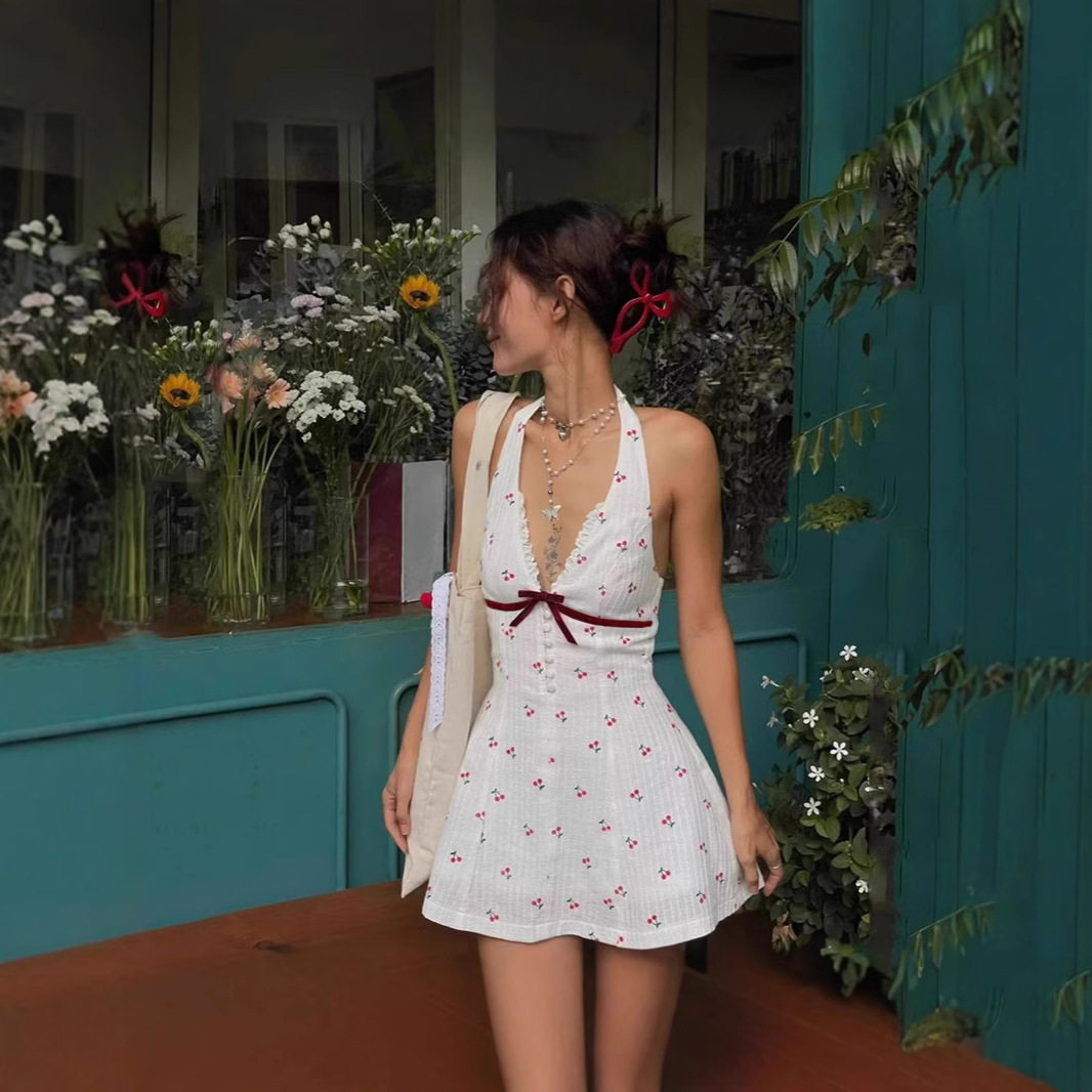 Chic Deep V Backless Cherry Print Dress Sweet and Spicy Style Perfect for Winter Parties Wholesale Available