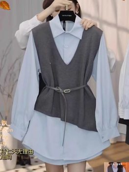 Shirt 2025 Spring and Autum New Style Foreign Style Waist Belt Vest Covering Buttocks Shirt Top Single/Two-Piece Suit