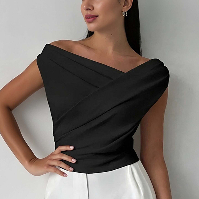 Womens Spring Short Top Fashionable Solid Color Asymmetrical Neckline Ruffled Design Casual Wear Wholesale