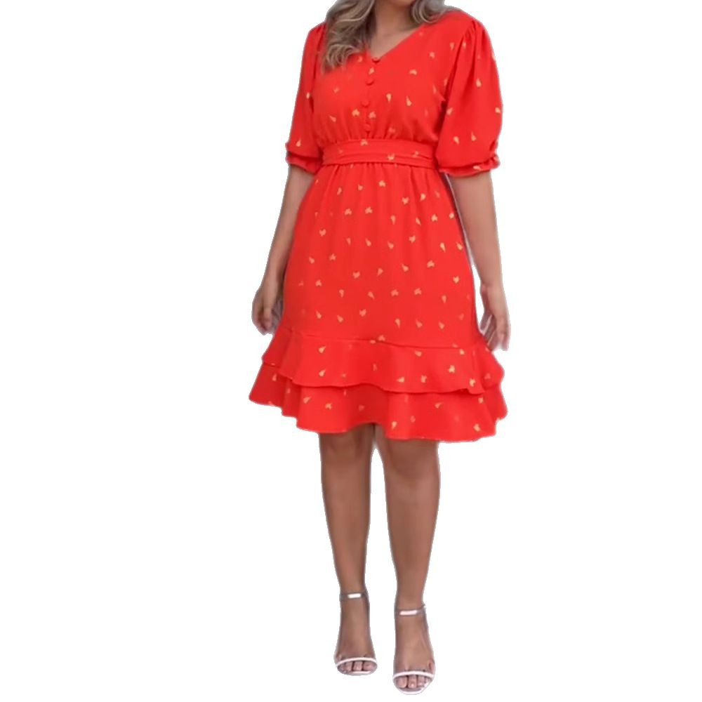 Floral Print V Neck Short Sleeve Dress Waist Defined Spring Fashion Womens Casual Wear Wholesale Available