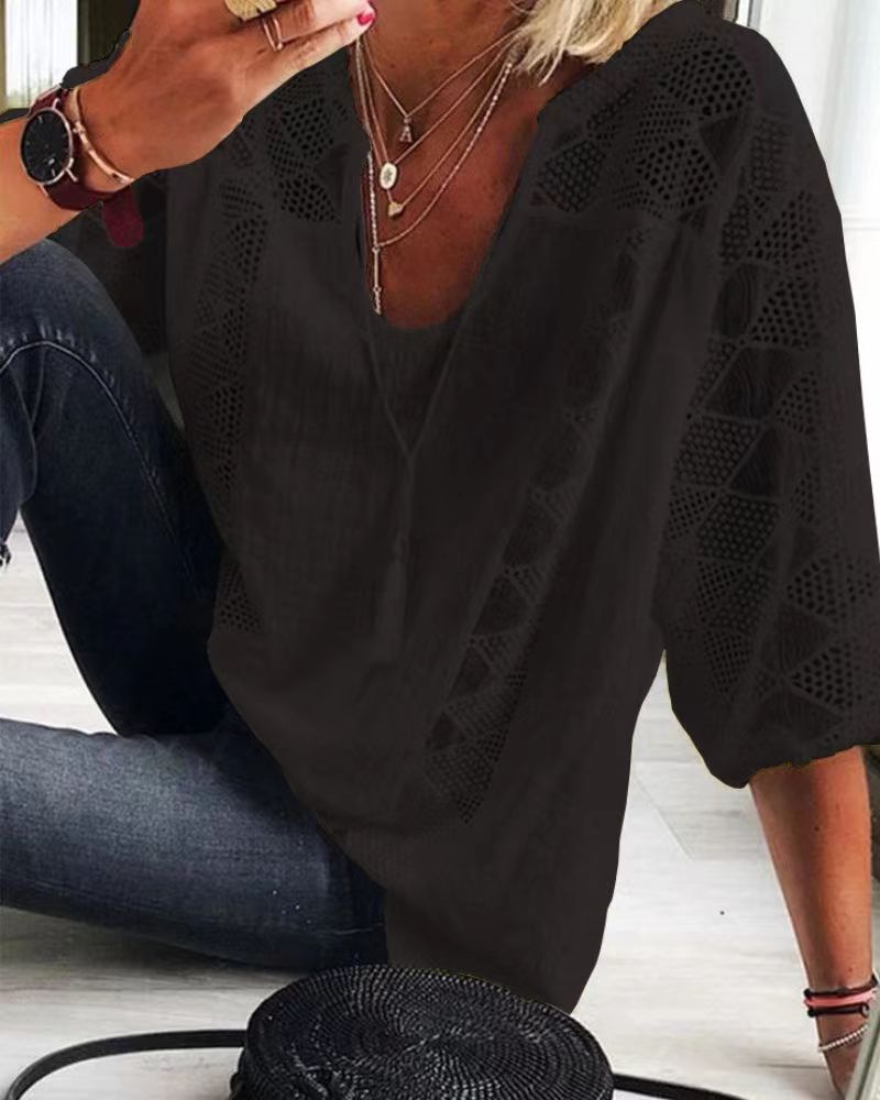 Lace Top Hollow Out Design U Neck Three Quarter Sleeve Casual Wear for Women Wholesale Available