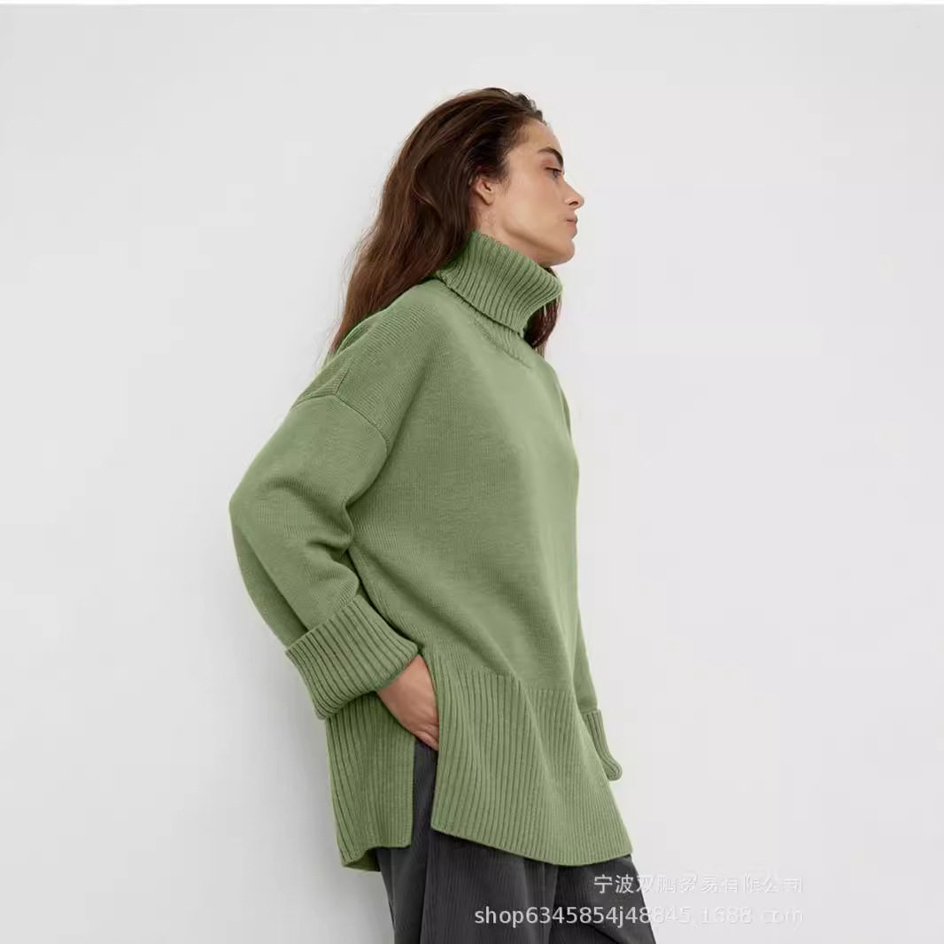 Loose Fit Turtleneck Sweater Solid Color Knitted Split Hem Autumn Winter Womens Fashion Wholesale Available