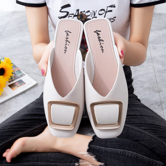 2021 fashion new online celebrity loafers square buckle pvc plastic half-pack shoes flat half slippers women's shoes summer wholesale