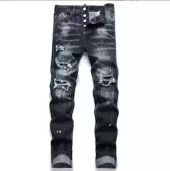 In-Stock New 2025 Spring Export Men's Jeans, Ripped Patchwork Slim Fit Mid-Rise Paint Splatter Men's Pants