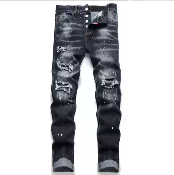 In-Stock New 2025 Spring Export Men's Jeans, Ripped Patchwork Slim Fit Mid-Rise Paint Splatter Men's Pants