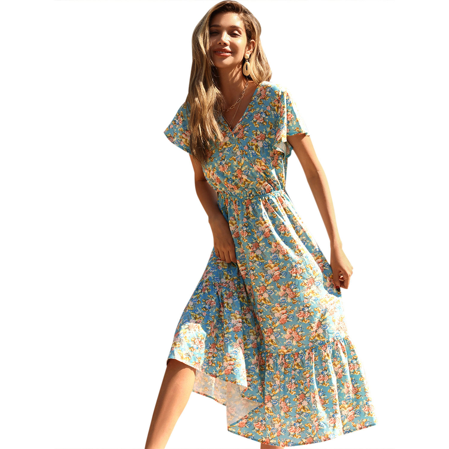 Floral Print Chiffon Dress V Neck Casual Style Vacation Ready Wholesale Available factory direct