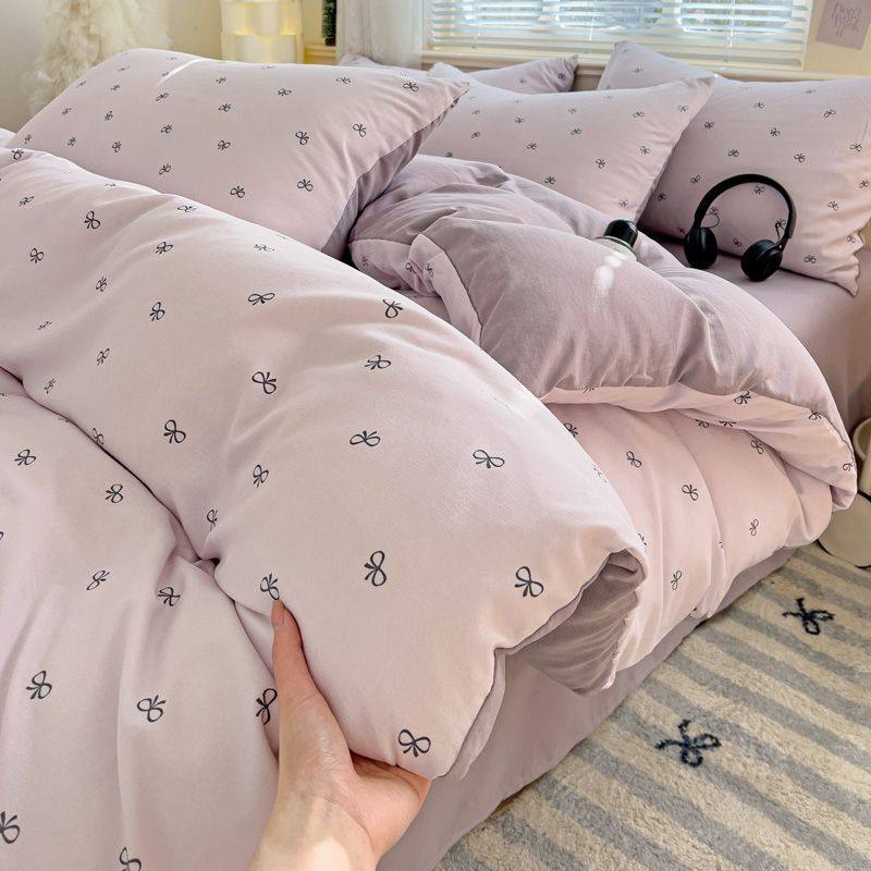 Amother and Baby Knitted Double-Layer Yarn Ins Style Four-Piece Set Simple Floral Quilt Cover Soft Bed Sheetss Student Dormitory Three-Piece Set