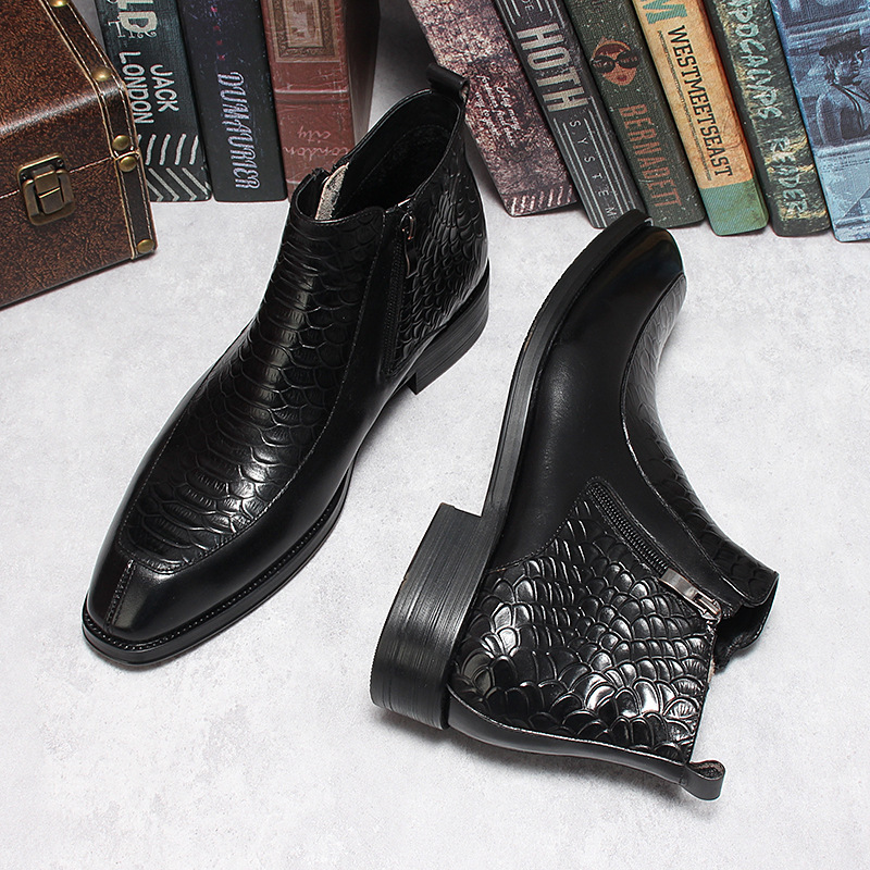Boot cổ trung da bò dập vân cá sấu khóa kéo đôi phong cách cổ điển — Lớp lót nhung đen, Màu đen lót da, Đỏ rượu bên trong da