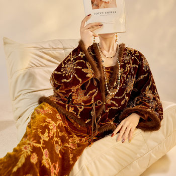 Chinese Style Classy Atmospheric Mink Fur Fleece-Lined Embroidered Beaded Jacket + Jacquard Slim Suspender Skirt Two-Piece Set Nx029