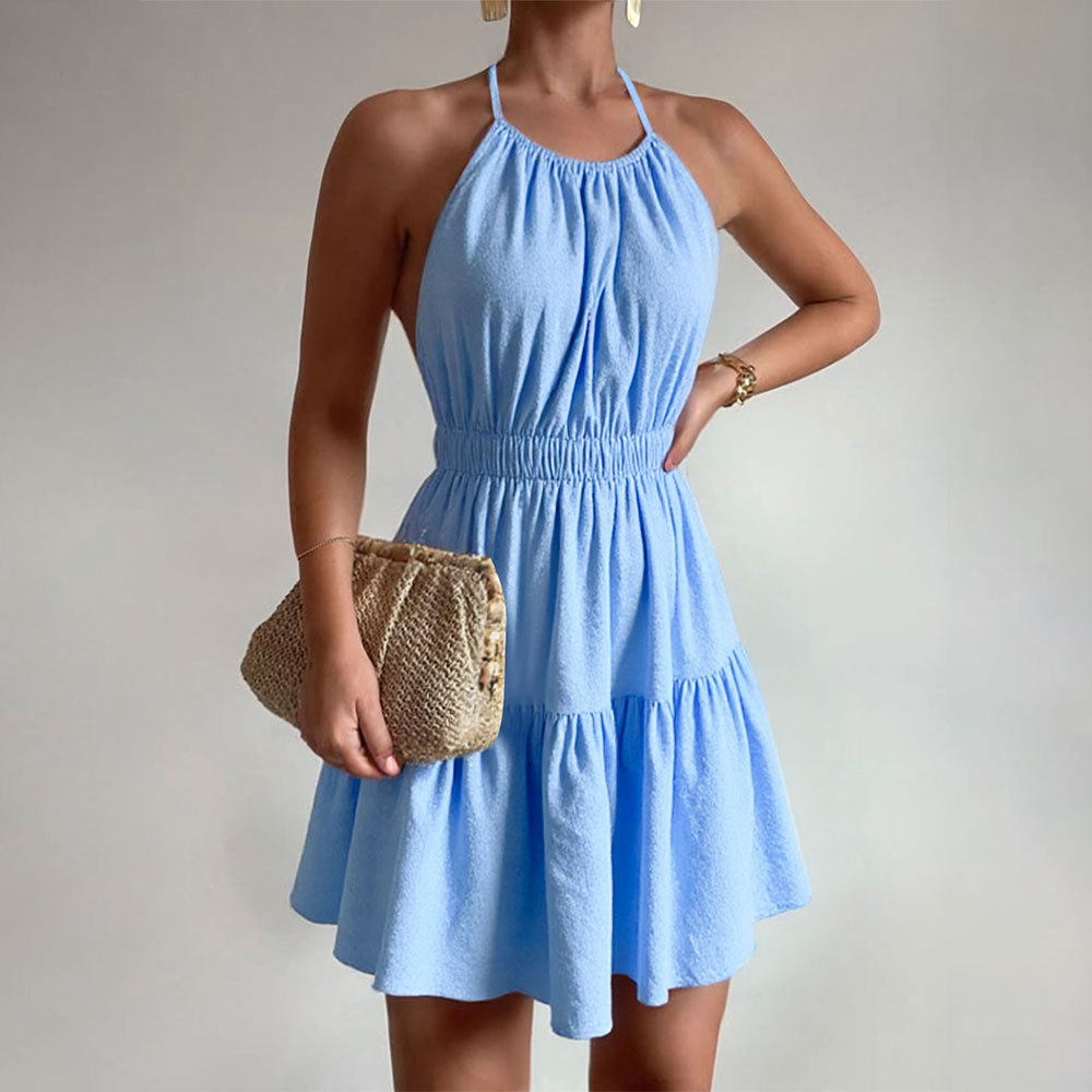 Summer Womens French Style Sexy Backless Dress Halter Neck Sweet A Line Silhouette Lightweight Fabric Perfect for