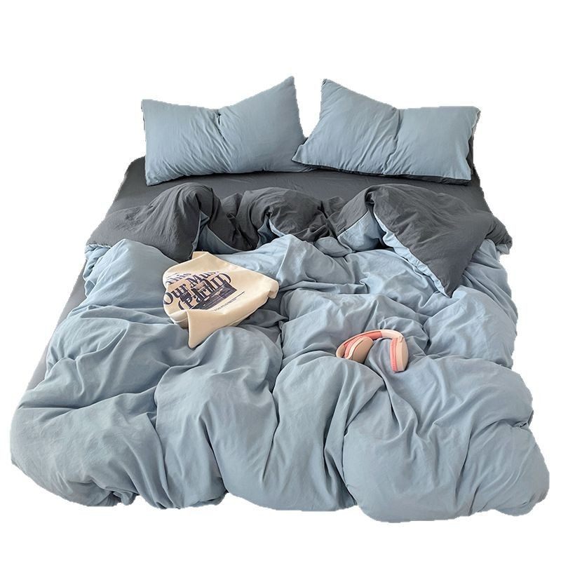 Ins Style Naked Sleeping Pure Cotton Four-Piece Set Class a Washed Cotton Pure Color Double Quilt Cover Bed Sheet Student Dormitory Three-Piece Set
