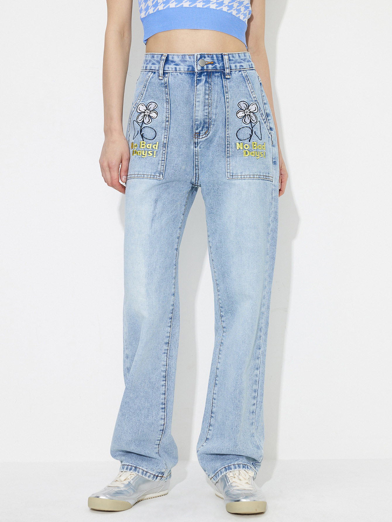 High Waisted Embroidered Wide Leg Jeans Loose Fit Denim Fabric Casual Style Ready to Ship factory direct