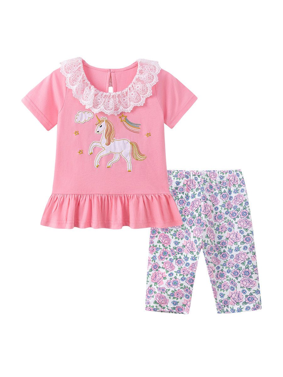 [Style] Summer Girls' Set, Cute Cartoon Floral Kids' Outfit, T-shirt & Shorts 2-piece Set
