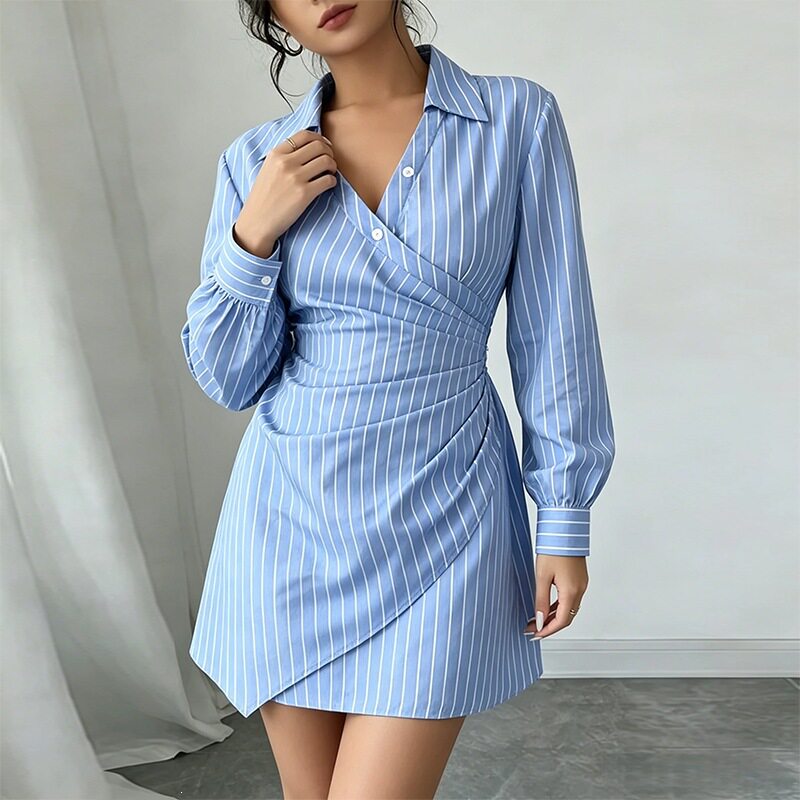 Womens Summer Dress Elegant V Neck Striped Pleated Slim Fit Perfect for Casual or Formal Occasions Wholesale