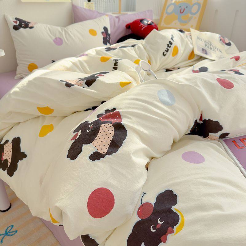 Class a Cartoon Washed Cotton Super Soft Bed Four-Piece Set Ins Cute Student Dormitory Three-Piece Set Bed Bed Sheets Quilt Cover Bed Bed Sheets