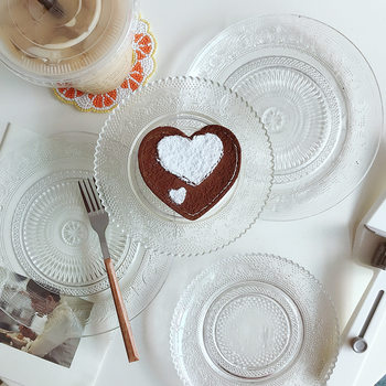 Dessert Plate Simple Transparent Embossed Lead-Free Glass Breakfast Fruit Plate Small Afternoon Tea Cake Plate Independent Stand