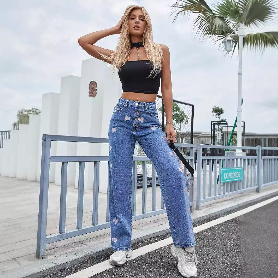 High Waisted Straight Leg Jeans Fashionable Heart Embroidery Casual Wear for Women Pre Order Available