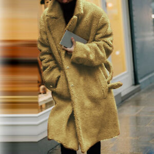 Mens Long Overcoat Thick Plush Fabric Notched Lapel Button Closure Autumn Winter Wear