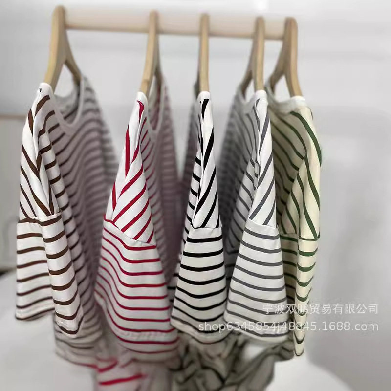 Womens Striped Loose Fit Cotton T Shirt Casual Long Sleeve Round Neck Side Slit Spring Summer Fashion Wholesale