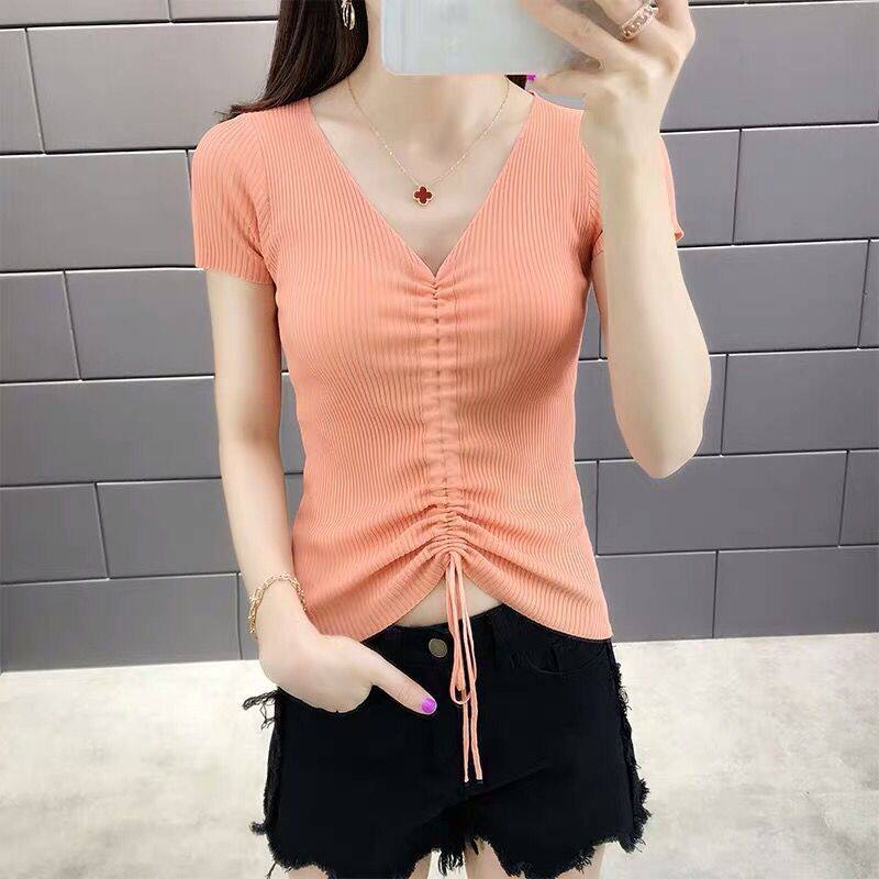 Womens V Neck Knitted T Shirt Short Sleeve Slim Fit Solid Color Summer Casual Wear