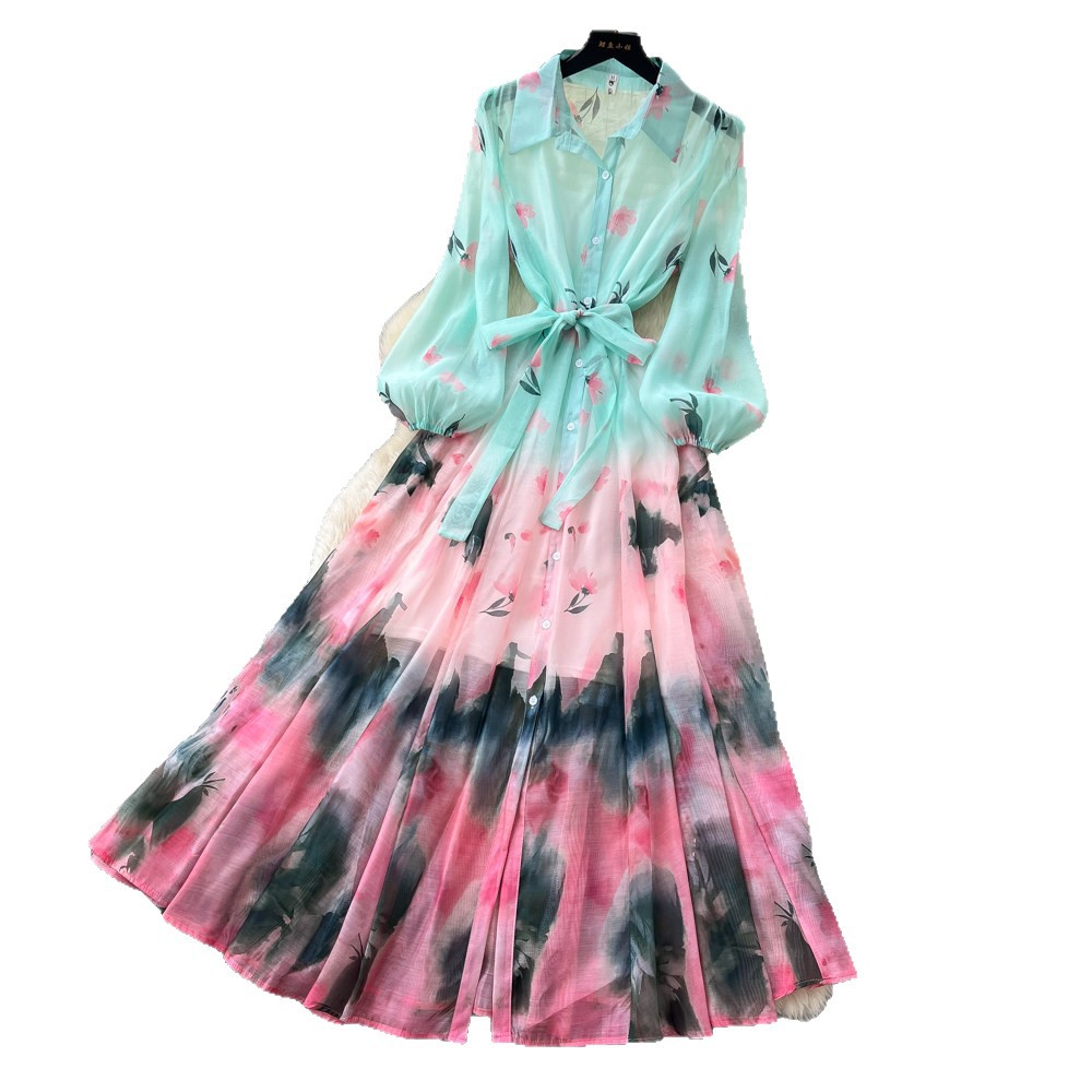 Tie Dye Gradient Print Dress Long Sleeve Waist Defined A Line Elegant Style Autumn Casual or Vacation Wear
