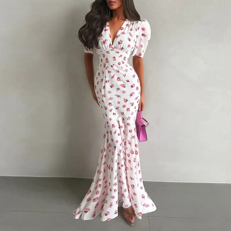 Womens Summer Dress Elegant Floral Print V Neck Fitted Mermaid Hem Perfect for Parties or Events Wholesale