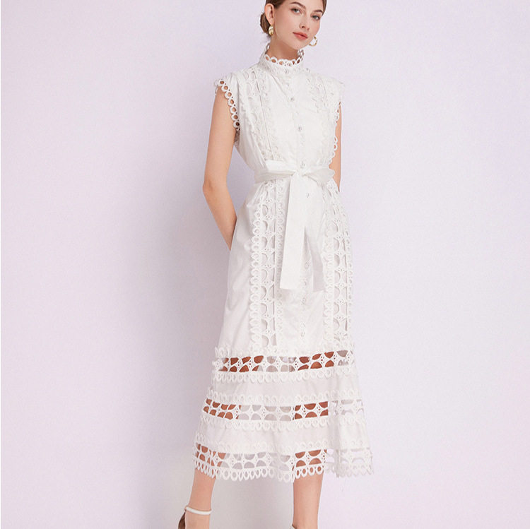 French Lace A Line Dress Hollow Out Ruffled Hem Waist Tie Elegant Style Summer Occasion Wholesale Available