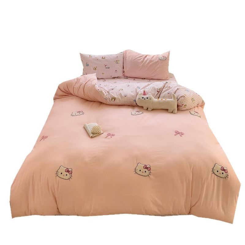 Category a Maternal and Infant Grade Naked Sleeping Cartoon Cotton Towel Embroidered Four-Piece Set Soft Waxy Bed Bed Sheets Quilt Cover Student Dormitory Three-Piece Set