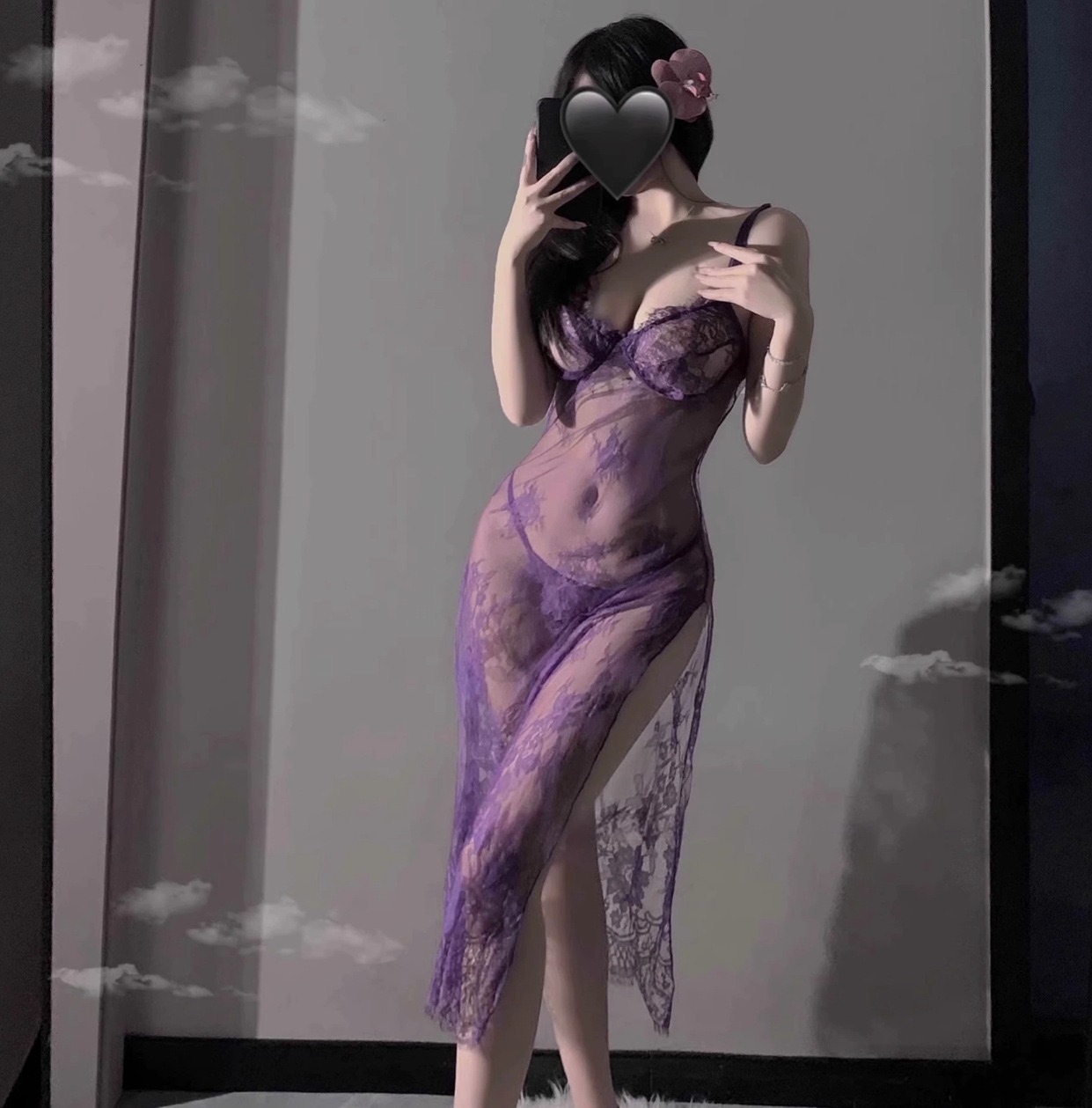 紫色情趣内衣吊带睡衣女套装性感透明蕾丝制服诱惑开叉长裙小胸装