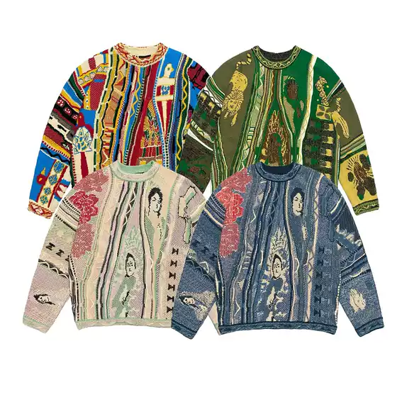 Kapital Vintage Contrasting Ethnic Style Bitter Melon Pattern Knitted Round Neck Pullover Sweater Cross-Border Jacquard Large Size