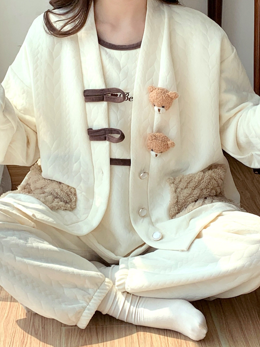 Maternity Pajamas Spring and Autumn Air Cotton Quilted Nursing Sleepwear Three-Piece Set Autumn and Winter Postpartum Maternity Breastfeeding Maternity Ward Outing