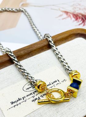 欧美个性撞色冷淡风青金石OT扣项链短款锁骨链ins级感小众颈链