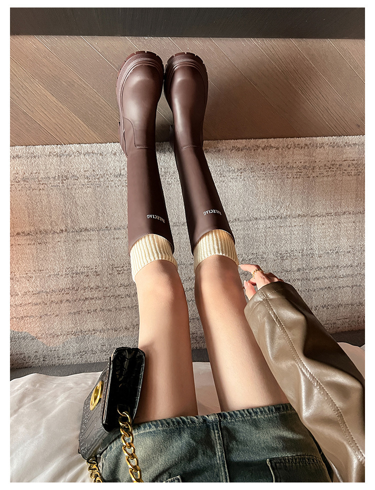 Boot nữ cổ cao ôm bắp chân da bò gót thô 6cm — Kaki nhạt lót nhung, Kaki nhạt lót nhung ống lớn, Kaki nhạt một lớp lót trong, Màu đen lót một lớp