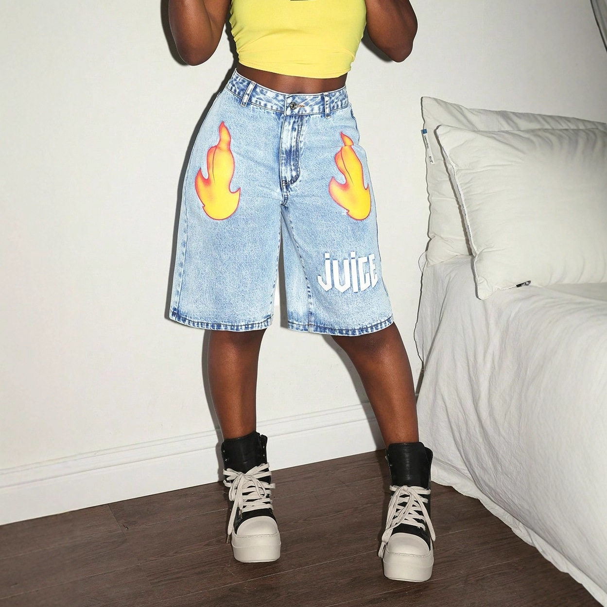 Fashionable Womens Denim Shorts Flame Print Letter Design Casual Style Available for Wholesale