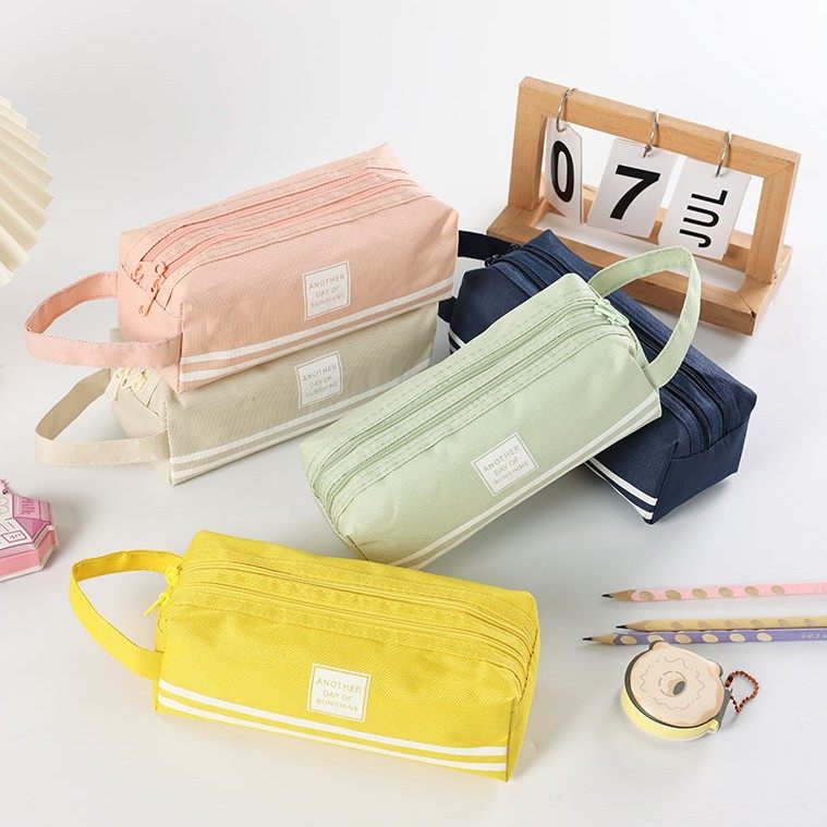 Double-Layer Oxford Cloth Pencil Case, Korean Style, Simple, Large Capacity, Double Zipper, Portable Zipper Stationery Bag for Primary School Students