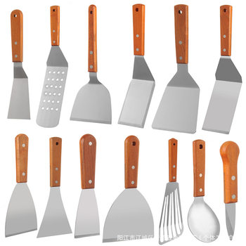 Household Stainless Steel Cutlery with Wooden Handle, Teppanyaki Burger Spatula, Three-Sided Cooking Pizza Kitchen Gadget