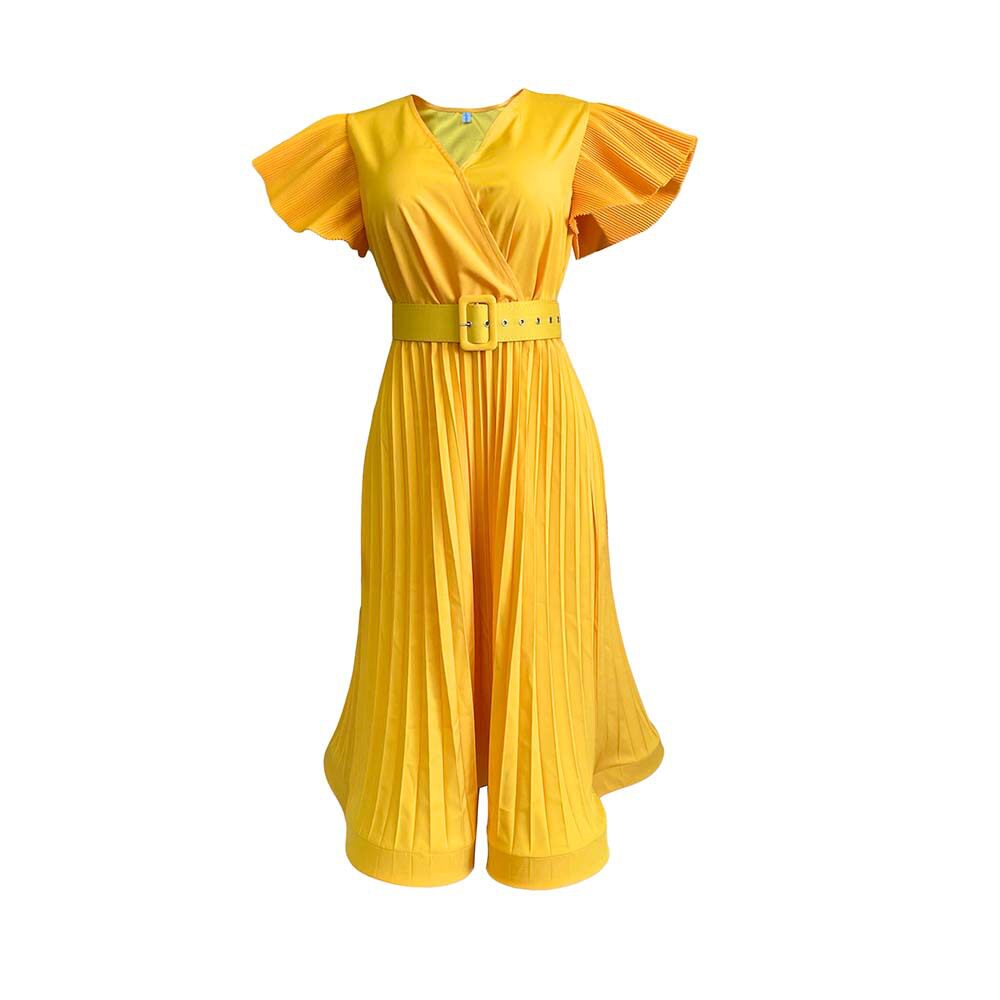 Womens V Neck Pleated Dress with Flutter Sleeves Elegant Design Belt Included Perfect for Parties and Events
